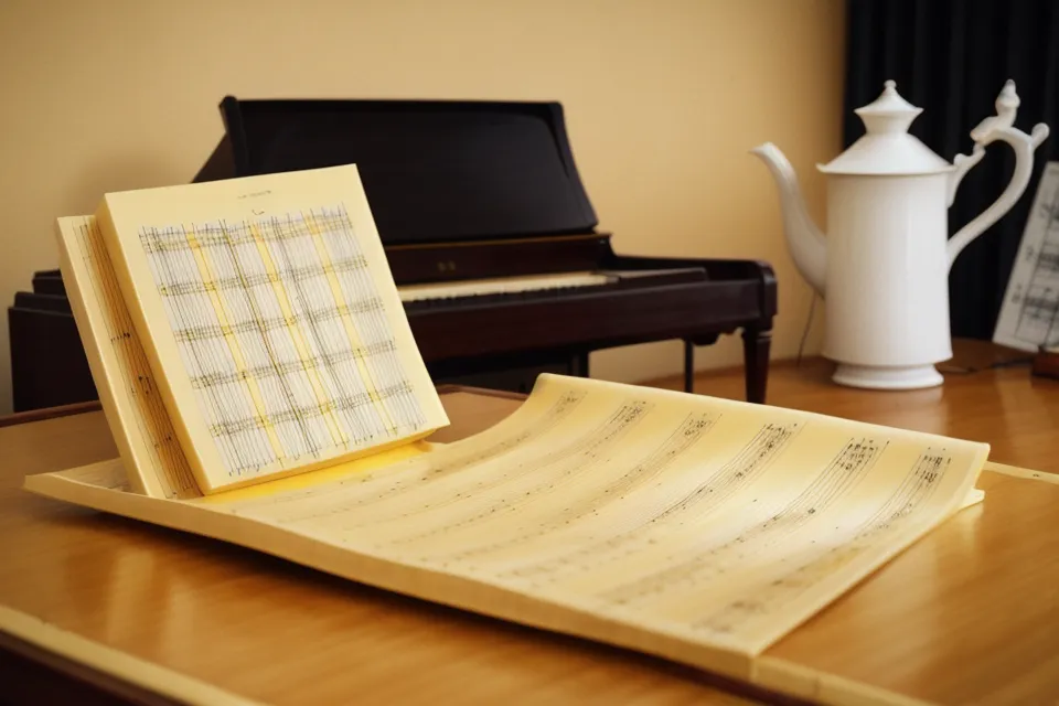 Altes Notenheft aus den Neunzigern neben einer Tasse Tee auf dem Klavier