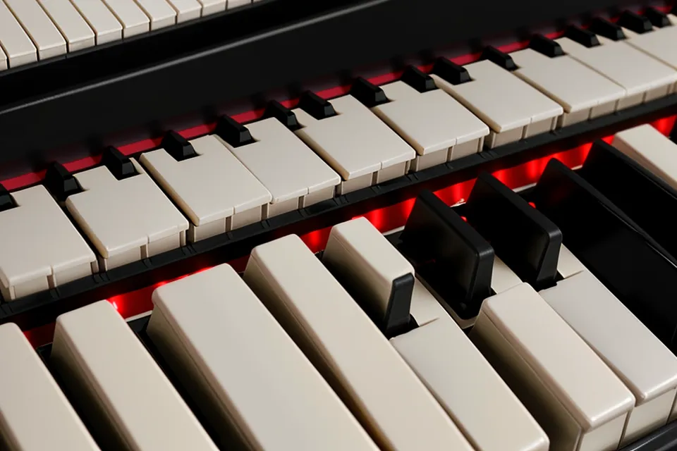 Nahaufnahme: Finger aktiviert die Begleitautomatik am E-Piano-Bedienfeld