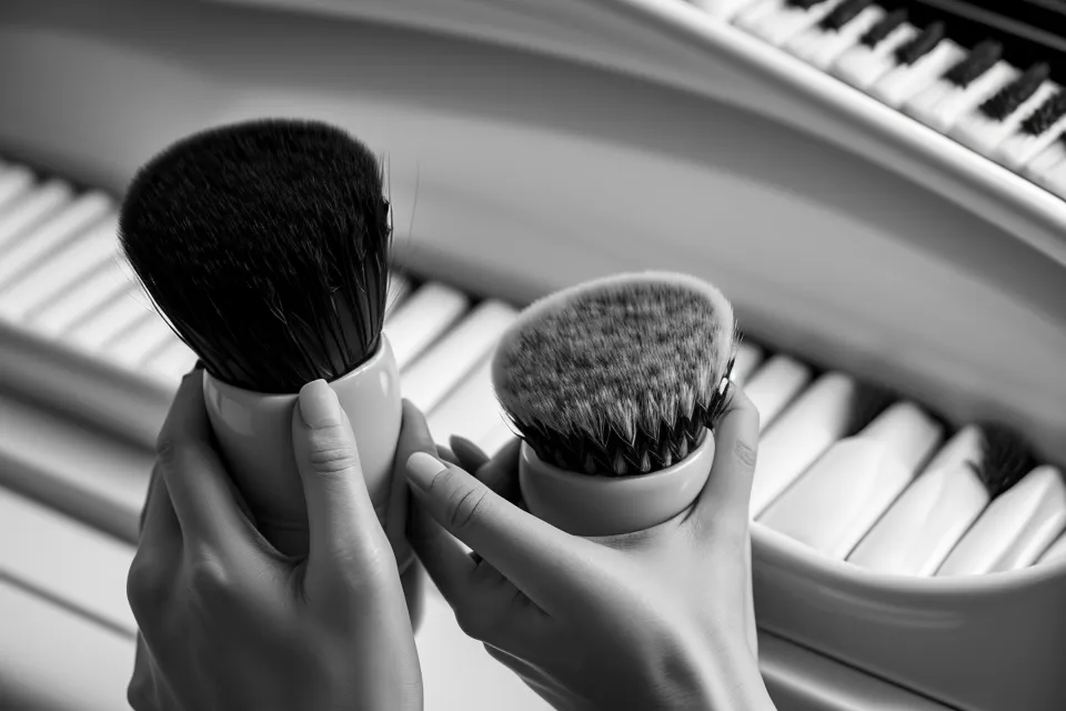 Nahaufnahme: mit einem weichen Pinsel Staub und Katzenhaare zwischen den Tasten der E-Piano-Tastatur entfernen