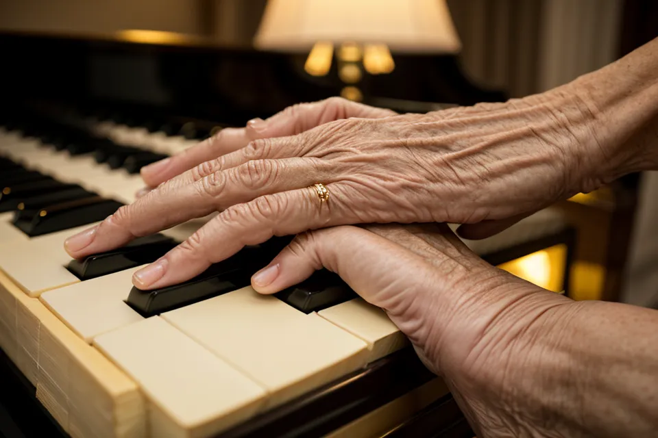 Nahaufnahme von Händen beim Filmmusik-Klavier-Üben mit einem alten Notenheft aus dem Klavier-Wiedereinstieg im Hintergrund