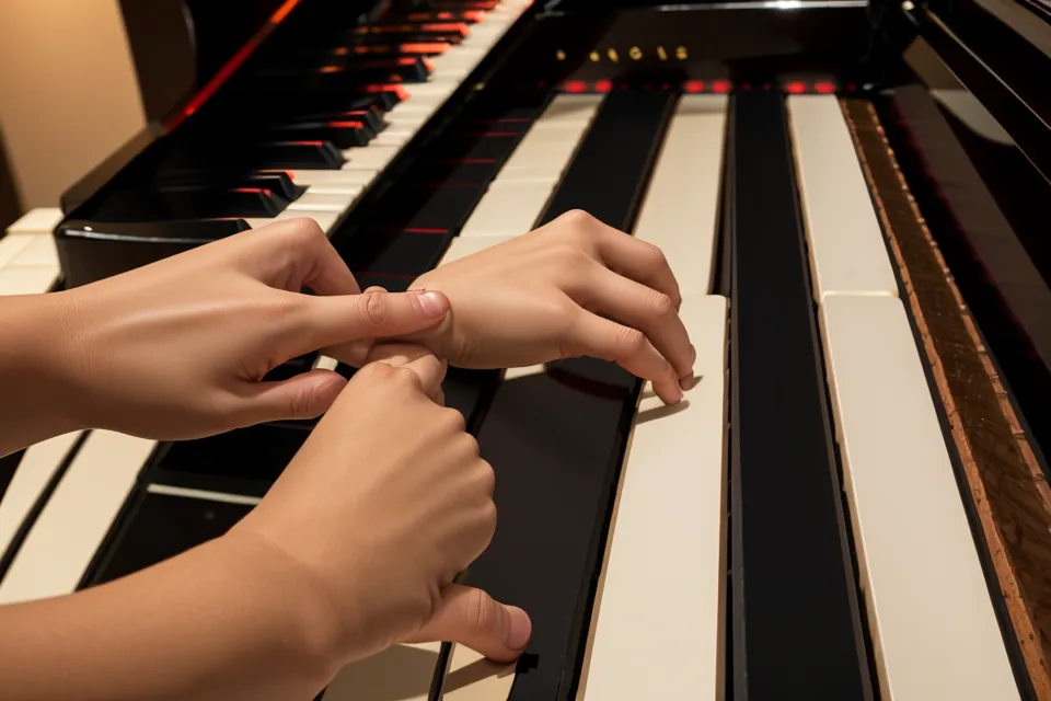 Hand am Klavier greift eine Oktave über die 88 Tasten – Intervalle am Klavier bestimmen lernen