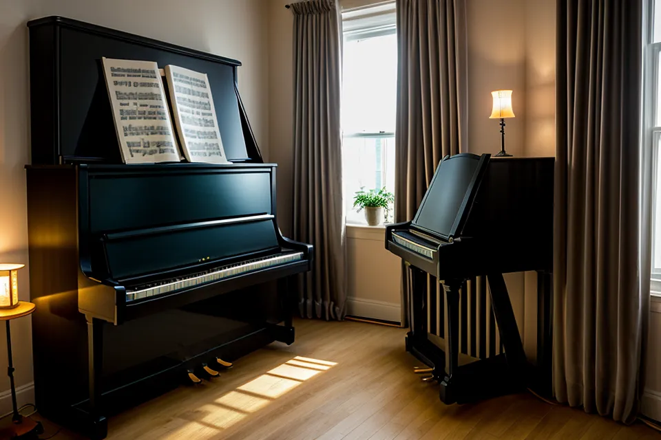 Wiedereinsteigerin am Digitalpiano mit Katze auf der Klavierbank und altem Notenheft beim Üben von Fortissimo und Piano