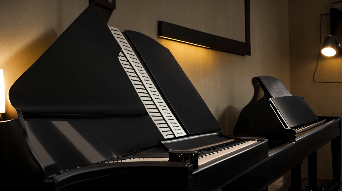 Digitalpiano mit aufliegenden Kopfhörern beim leisen Klavier-Wiedereinstieg in der Mietwohnung