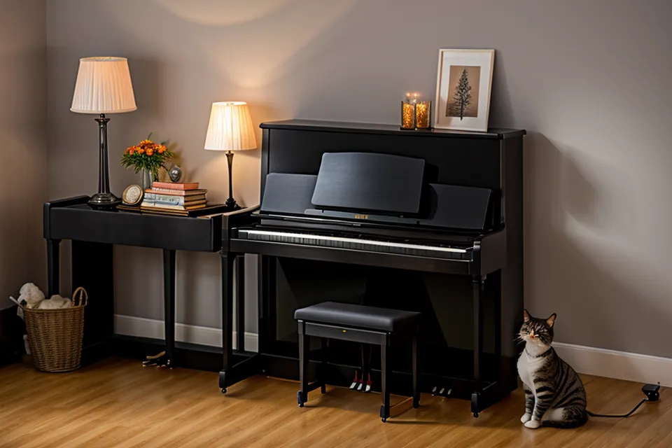 Eine schlafende Katze auf einem Hocker neben dem Klavier – Symbolbild für entspanntes, ergonomisches Sitzen beim Klavierüben nach der langen Pause.