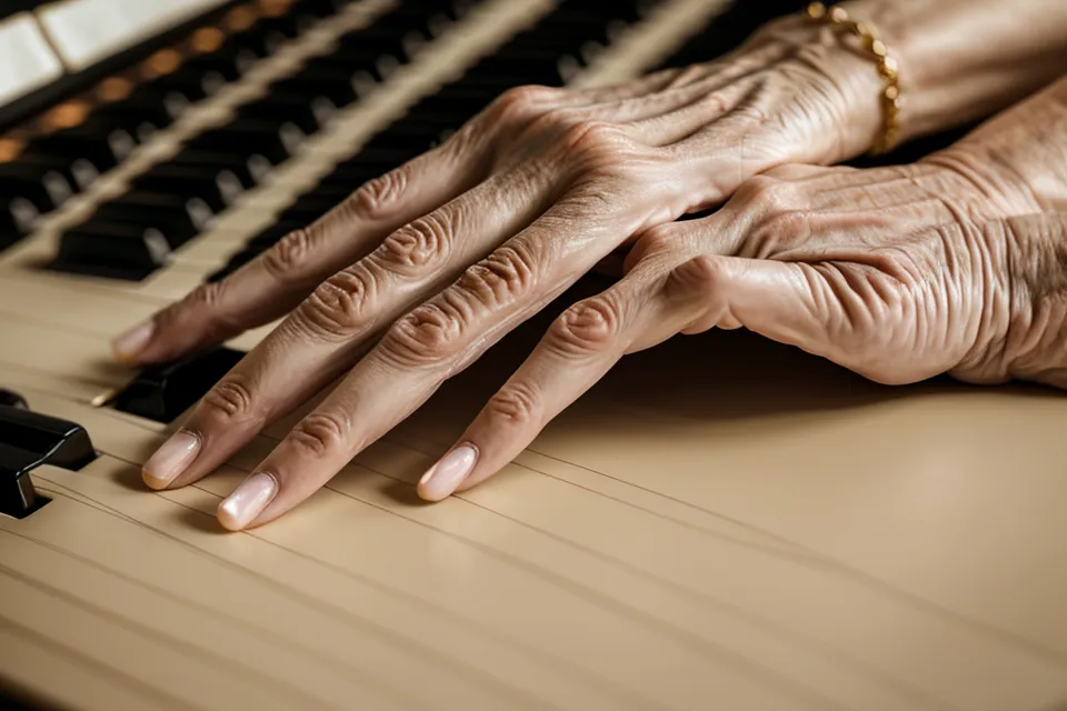 Nahaufnahme einer Hand, die beim Klaviernoten sortieren vergilbtes Notenpapier aus den 1990ern berührt.
