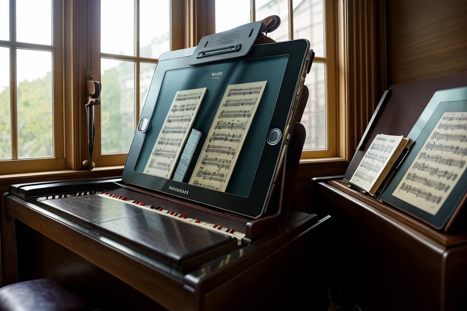 Ein Tablet mit Online-Klavierkurs neben einem alten Notenheft auf dem Notenständer – Klavier-Wiedereinstieg zwischen analog und digital.