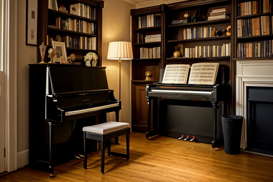 Blick auf ein Digitalpiano mit 88 Tasten und einem Online-Kurs im Hintergrund – Digitalpiano lernen für Wiedereinsteiger