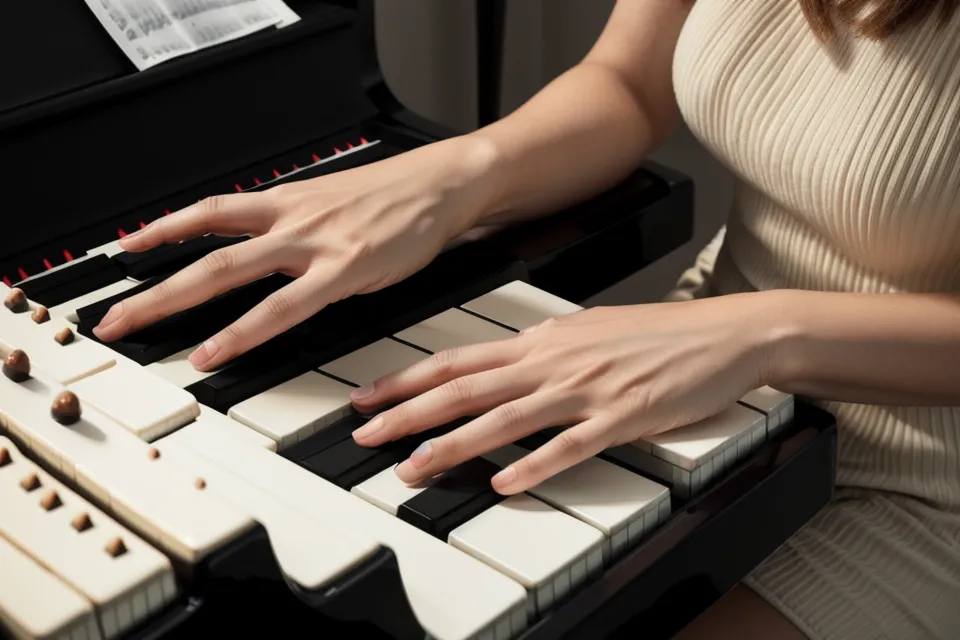 Hände beim Klavierspielen auf dem Digitalpiano – Stressbewältigung durch konzentriertes Üben
