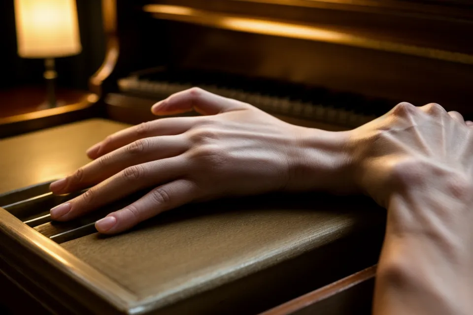 Nahaufnahme einer Hand, die die vergilbten Seiten eines alten Notenhefts für den Klavier-Wiedereinstieg glattstreicht