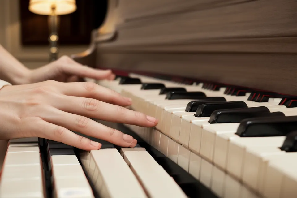 Finger auf den gewichteten Tasten eines Digitalpianos beim Üben einer analysierten Klavierpassage