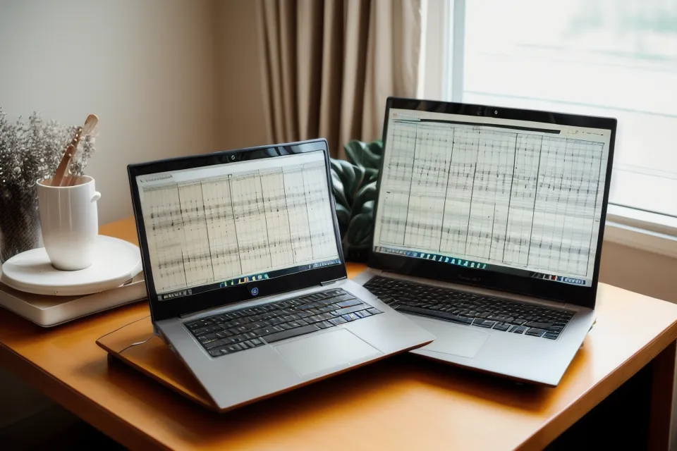 Laptop mit dem Kursbereich der RS-Piano-Akademie neben einem Klavier, aufgeschlagen für die Analyse eines Klavierstücks