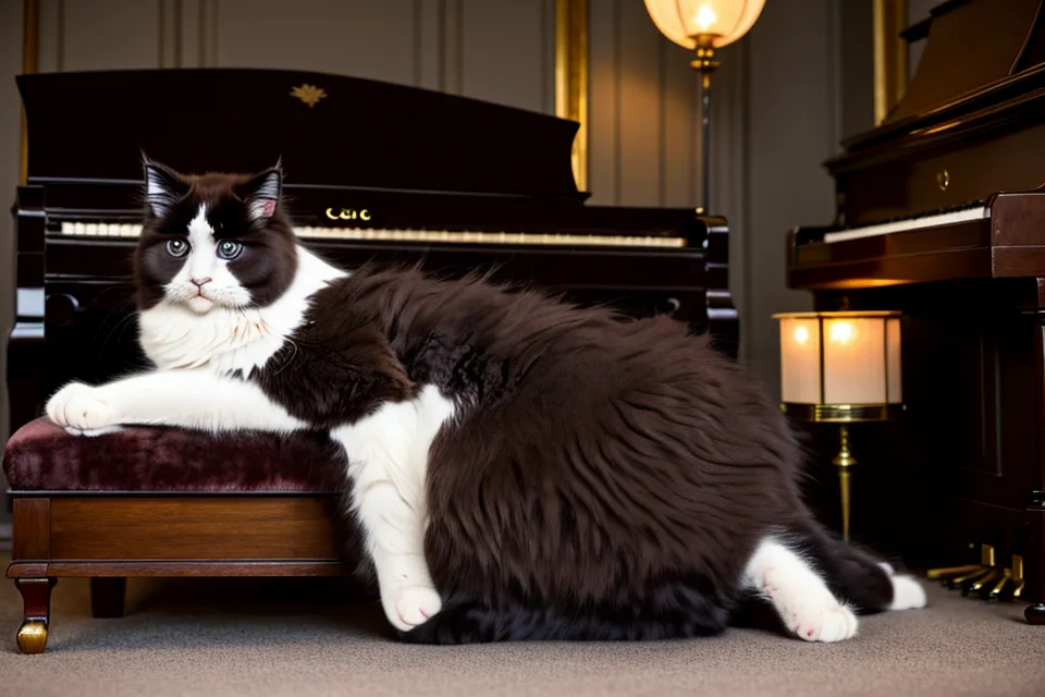 Eine Katze liegt entspannt auf der Klavierbank neben den Tasten – ruhiger Gegenpol zum Lampenfieber beim Klavierspielen