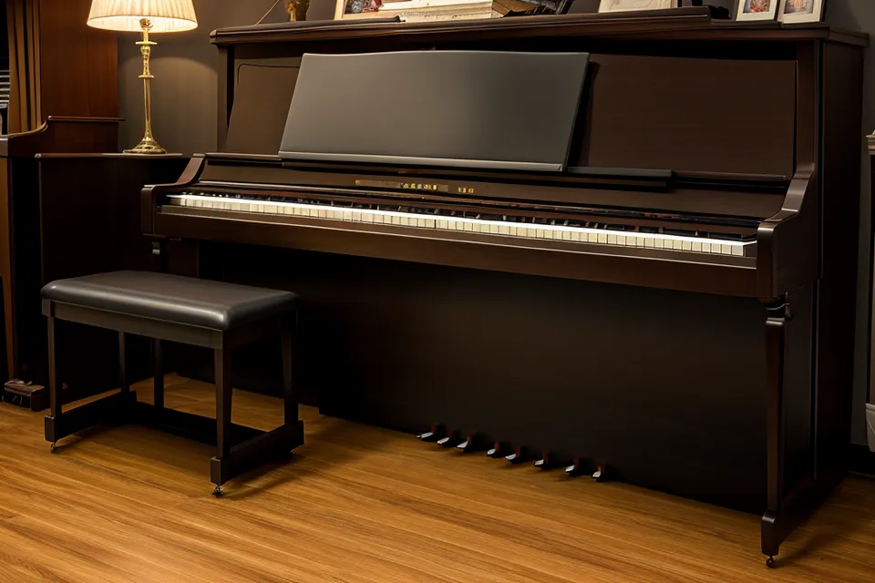 Klavier-Wiedereinstieg mit Pop-Songs am E-Piano: Digitalpiano in der Wohnzimmerecke mit aufgeschlagenem Notenheft