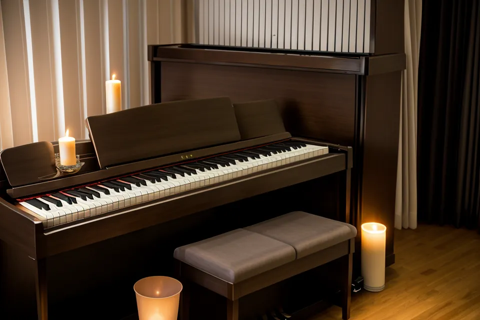 Hände beim Pop-Piano-Üben auf der gewichteten E-Piano-Tastatur mit altem Notenheft