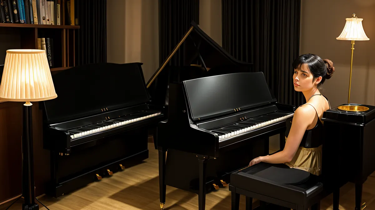 Frau übt Klavier im Wohnzimmer – Motivation beim Klavierüben behalten mit Kursen der RS-Piano-Akademie im Alltag