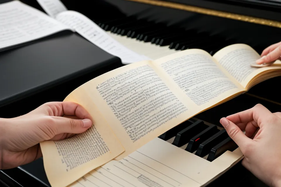Altes Notenheft von 1994 auf dem E-Piano neben Unterlagen zur Musikinstrumentenversicherung