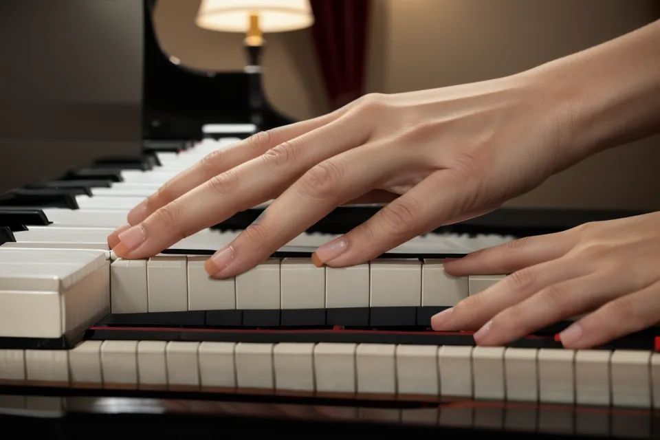 Nahaufnahme der Hände beim Klavier lernen als Erwachsene, Finger auf den Tasten eines Digitalpianos