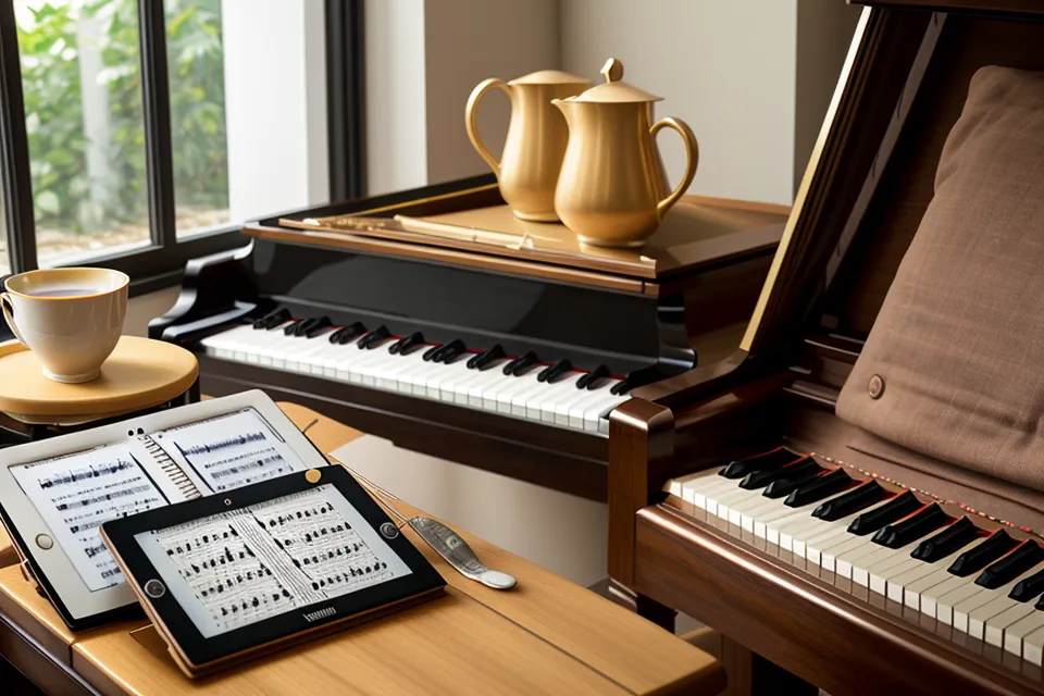 Tablet mit Online-Klavierkurs der RS-Piano-Akademie neben klassischen Noten im Praxistest für Wiedereinsteiger