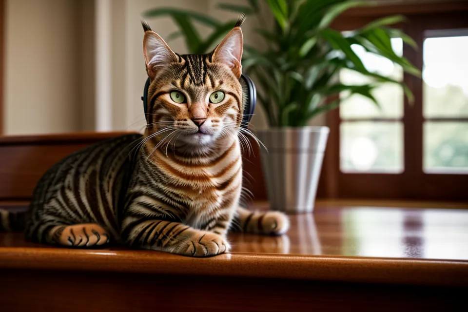 Eine Katze sitzt entspannt neben Kopfhörern auf der Klavierbank.