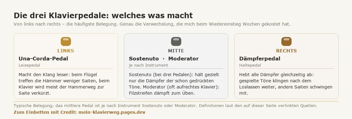 Die drei Klavierpedale erklärt: links das Una-Corda-Pedal (Leisepedal), in der Mitte Sostenuto oder Moderator, rechts das Dämpferpedal (Haltepedal), mit jeweiliger Funktion